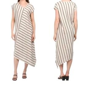 Tahari‎ Asymmetrical Stripe Midi Dress Women's Medium Linen Blend V Neck